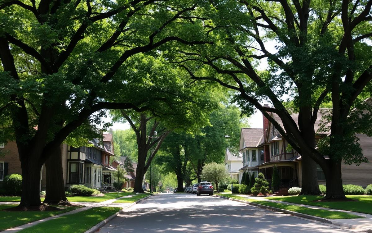 Stately older homes beneath mature trees in Bexley, Ohio