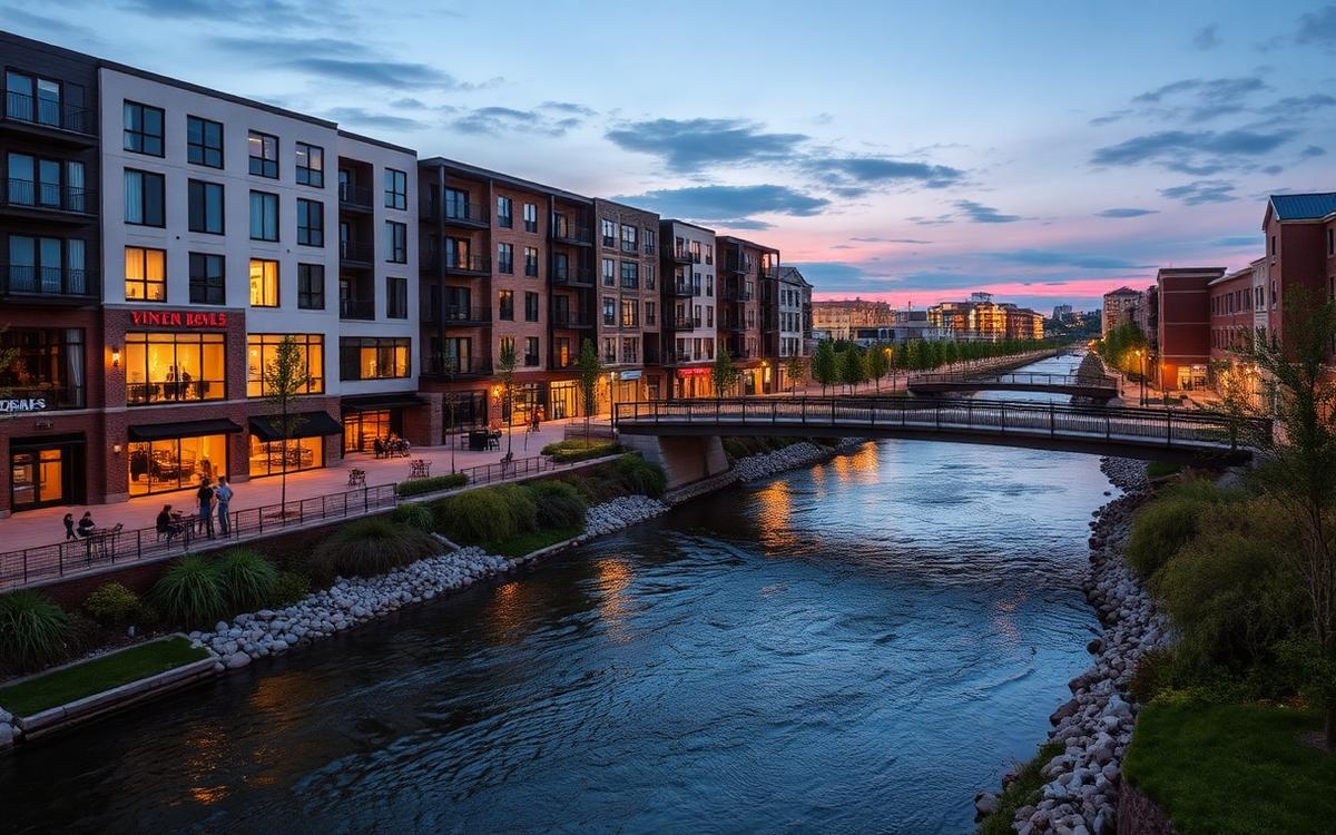 Riverfront mixed-use district with modern buildings in Dublin, Ohio at dusk