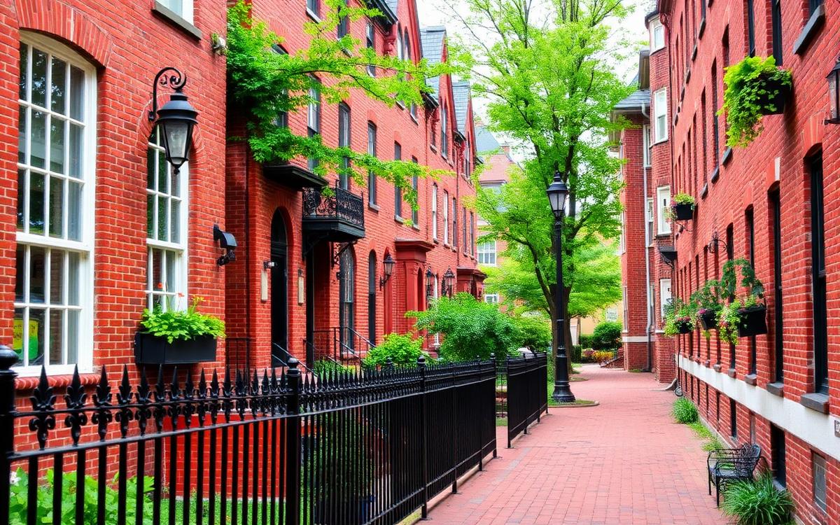 Historic red brick homes and brick sidewalks in German Village, Columbus