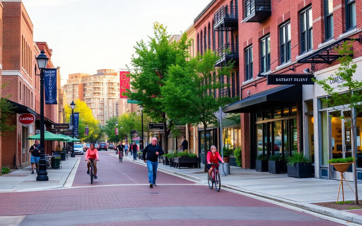 Walkable street with cafes and brick buildings in Grandview Heights, Ohio