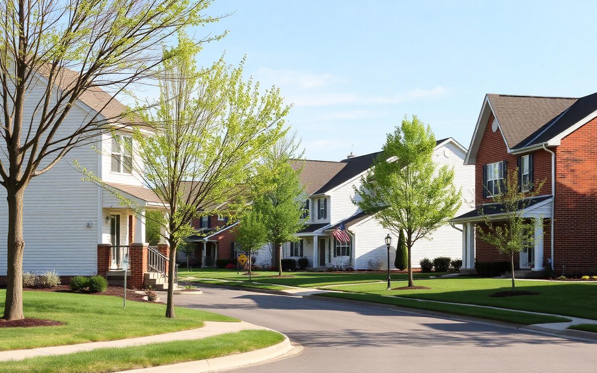 Quiet residential street of newer family homes in Hilliard, Ohio