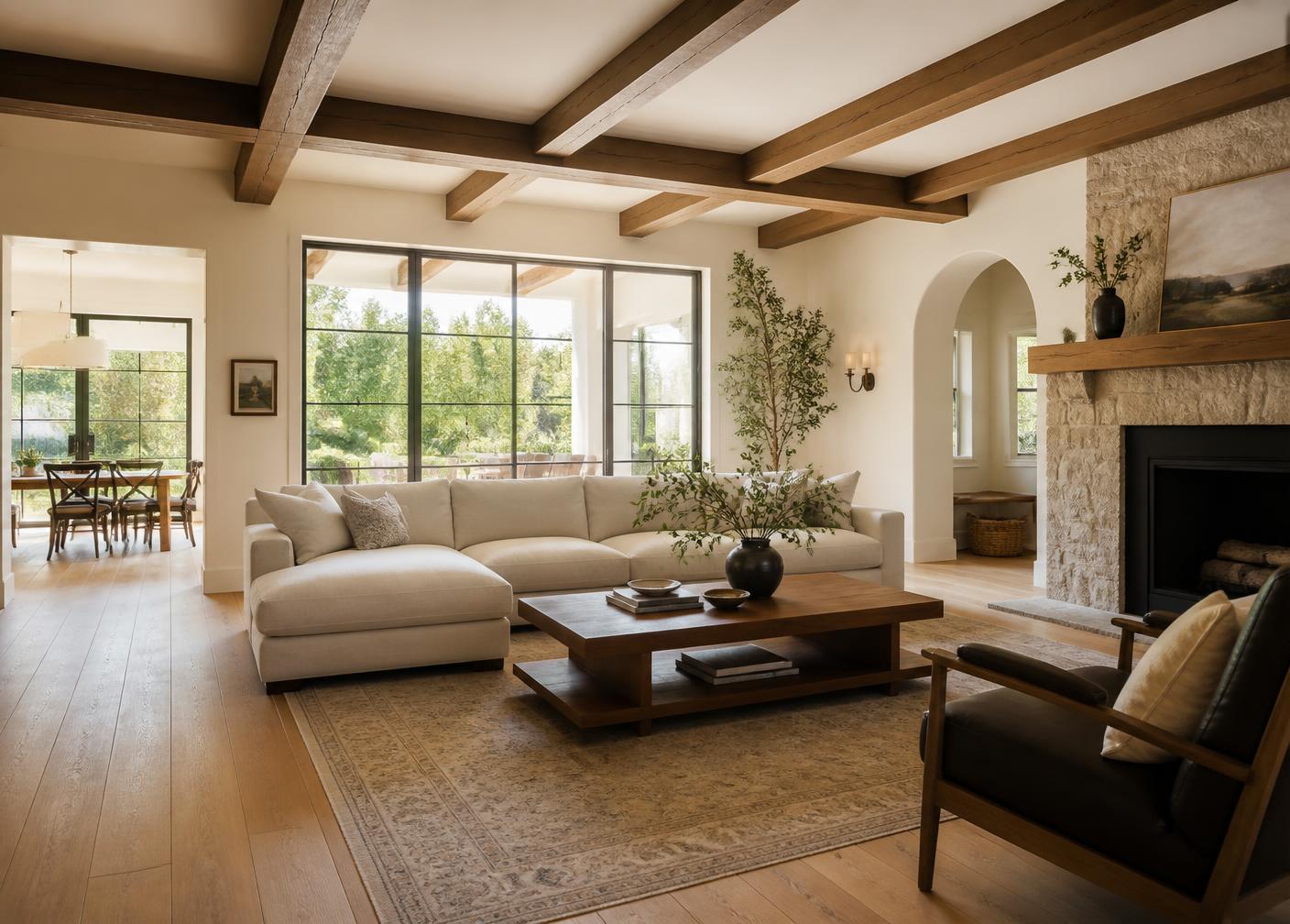 Sunlit living room with oak floors, linen sofa and a stone fireplace