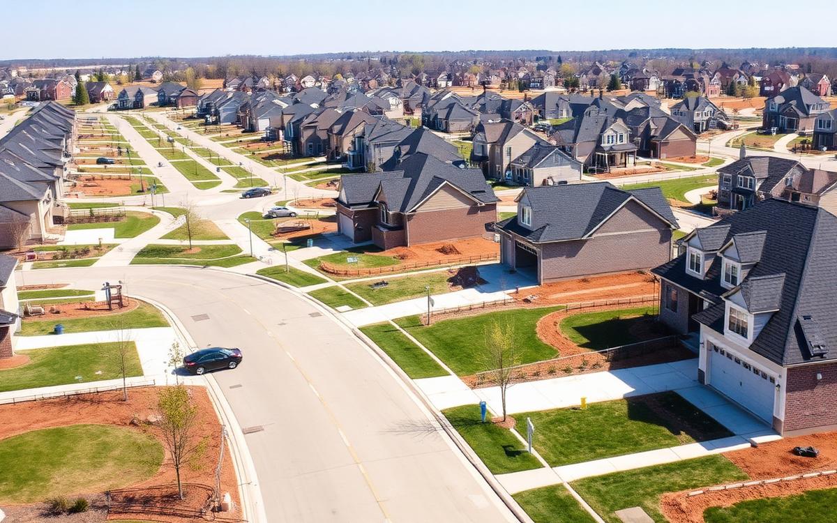 Newly built suburban neighborhood with fresh streets in Lewis Center, Ohio