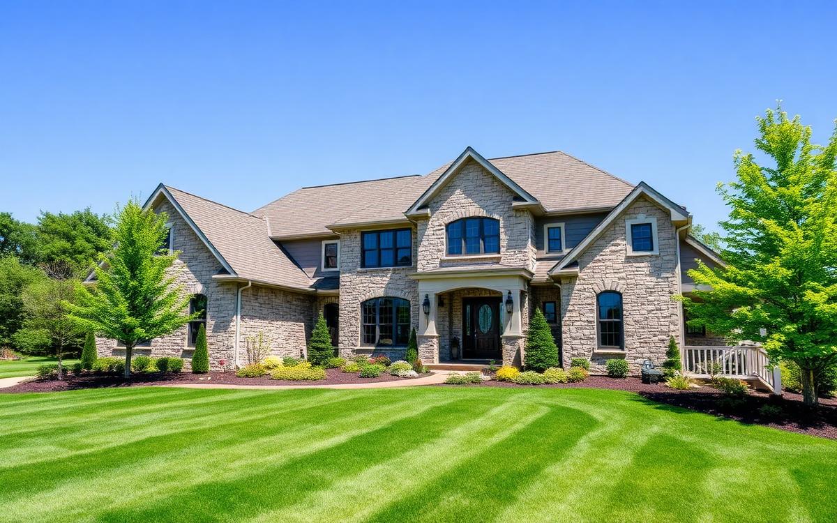 Large stone-and-siding luxury home with a wide lawn in Powell, Ohio