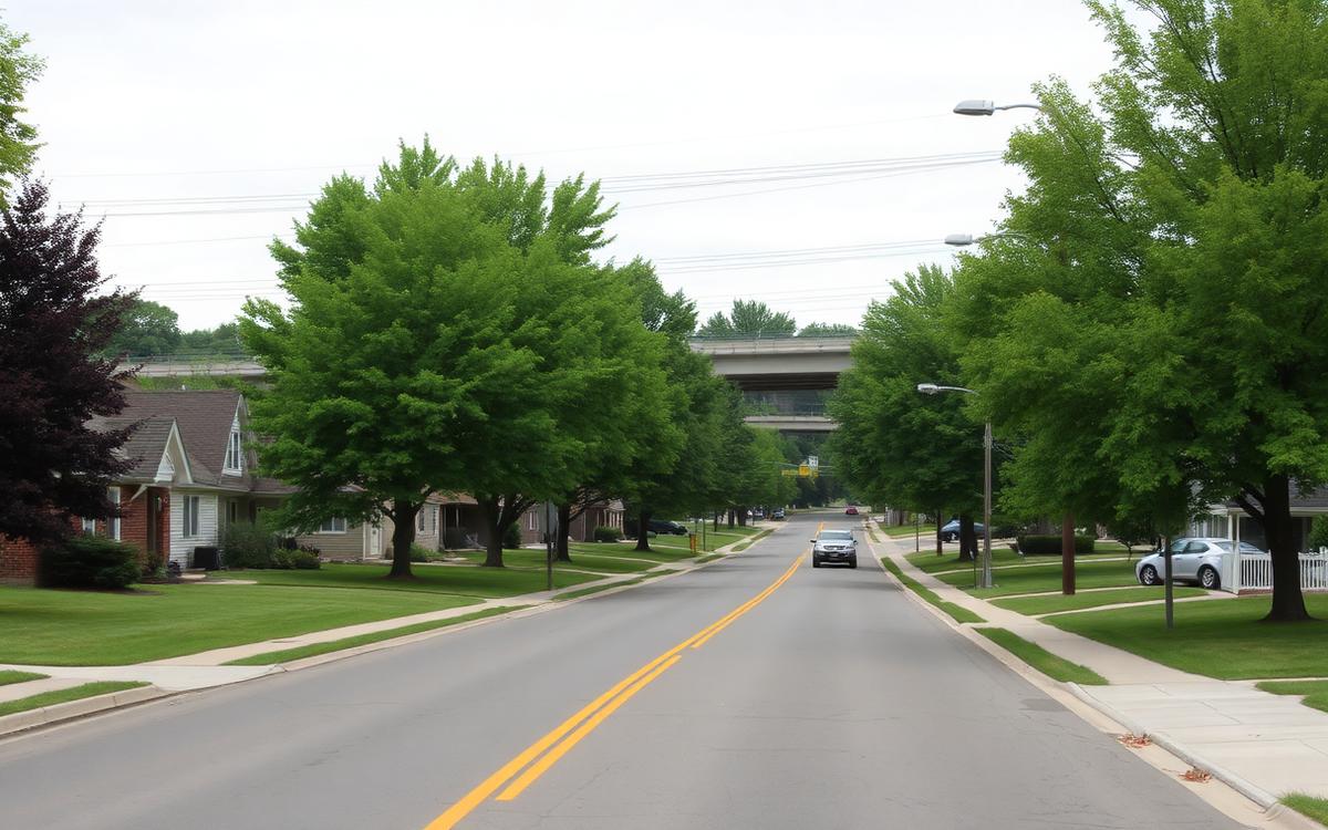 Mixed residential street with mature trees in Reynoldsburg, Ohio