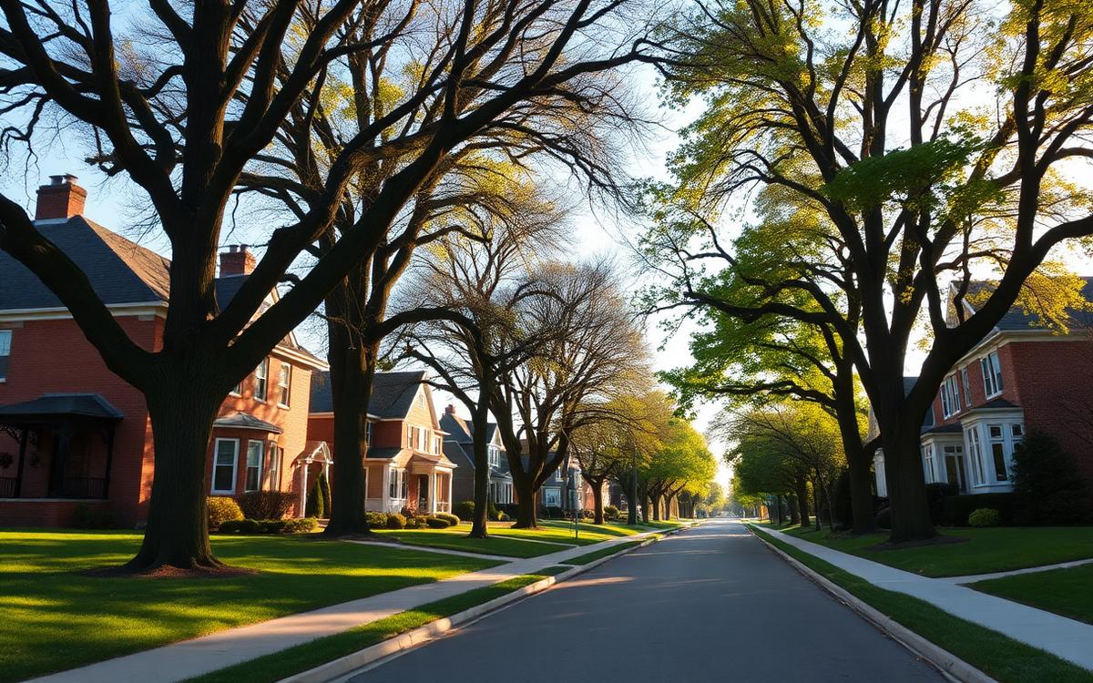 Tree-lined street of established brick homes in a Columbus, Ohio suburb