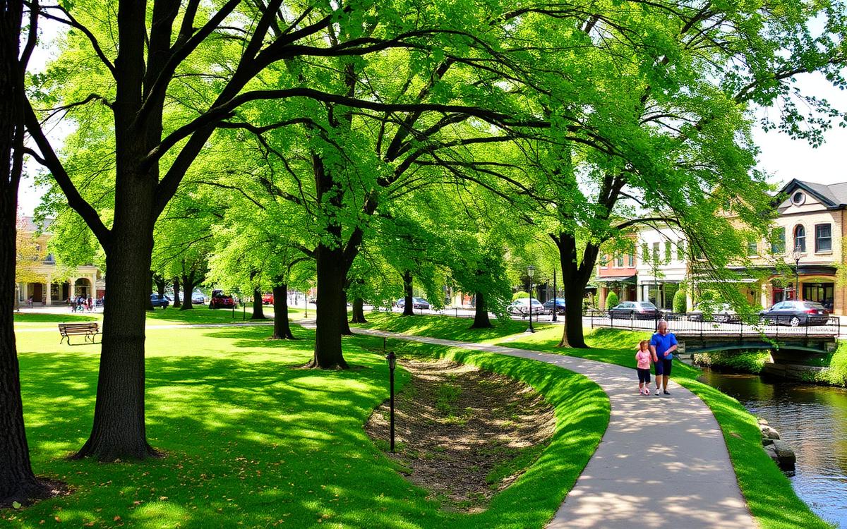 Shaded park trail beside uptown storefronts in Westerville, Ohio