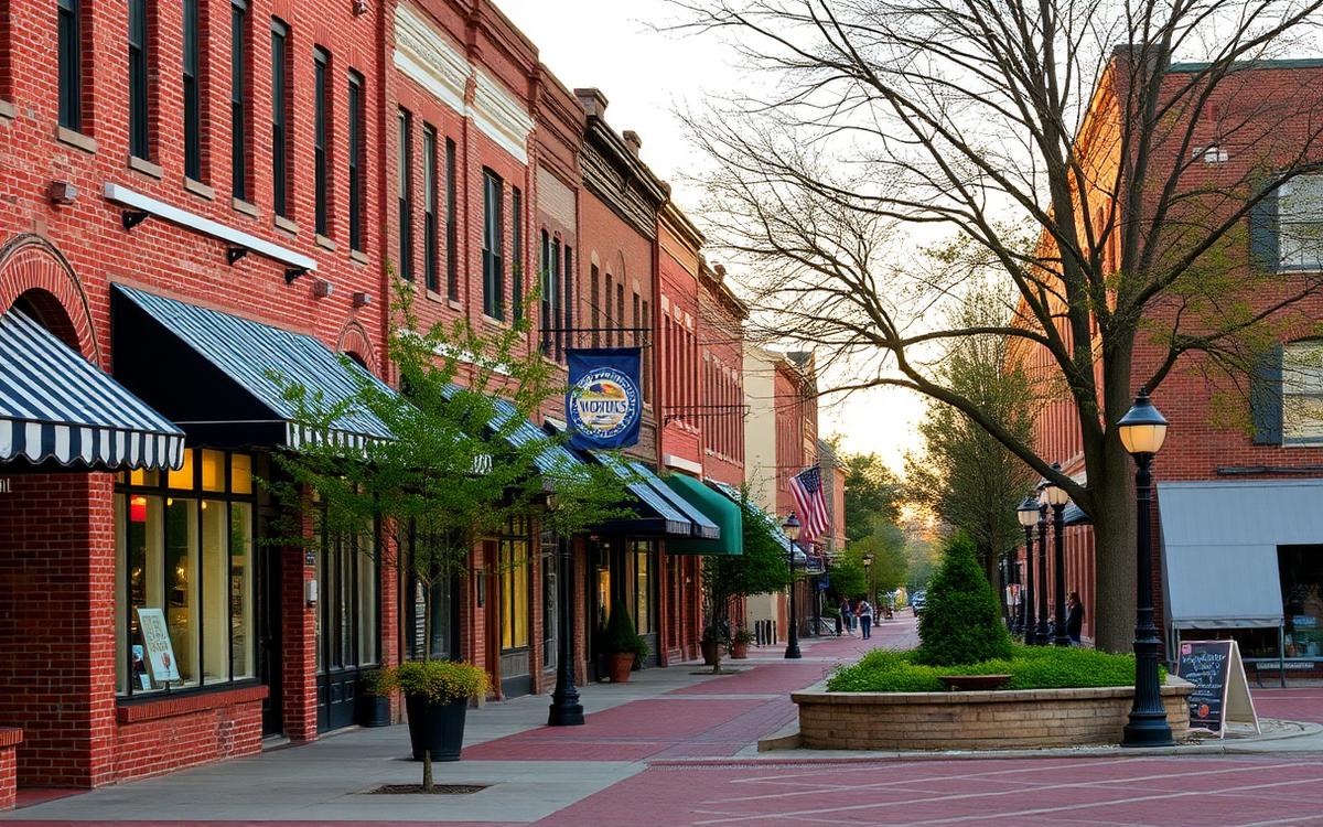 Historic brick storefronts along the walkable downtown of Worthington, Ohio